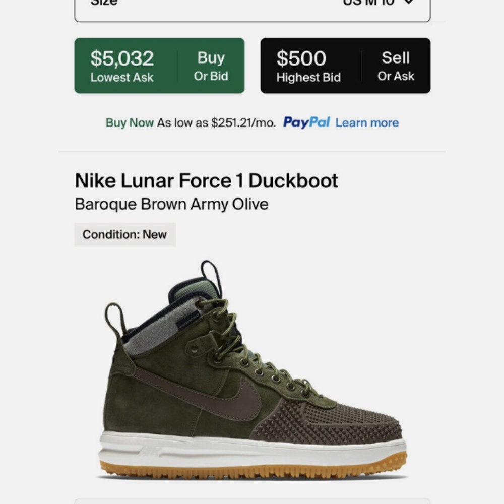 Nike Lunar Force 1 Duck Boot Baroque Brown / Army Olive [size 8]